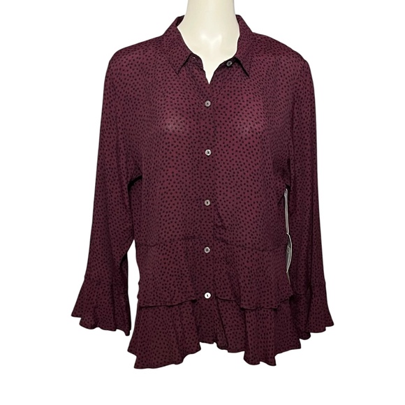 Habitat Clothes to Live In Double Flounce Top Peplum Ruffle Hem Tunic Wine Dot L - Picture 10 of 10